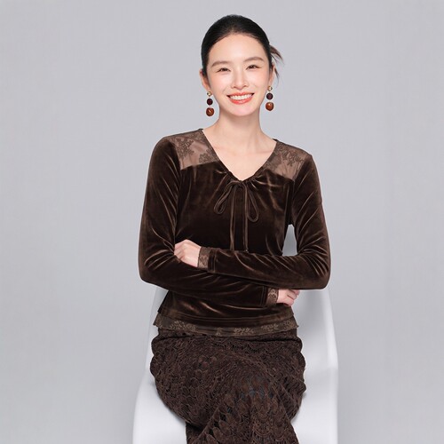 新中式丝绒蕾丝拼接打底衫女V领