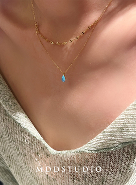 小巧叠戴蓝色水滴闪光双层项链