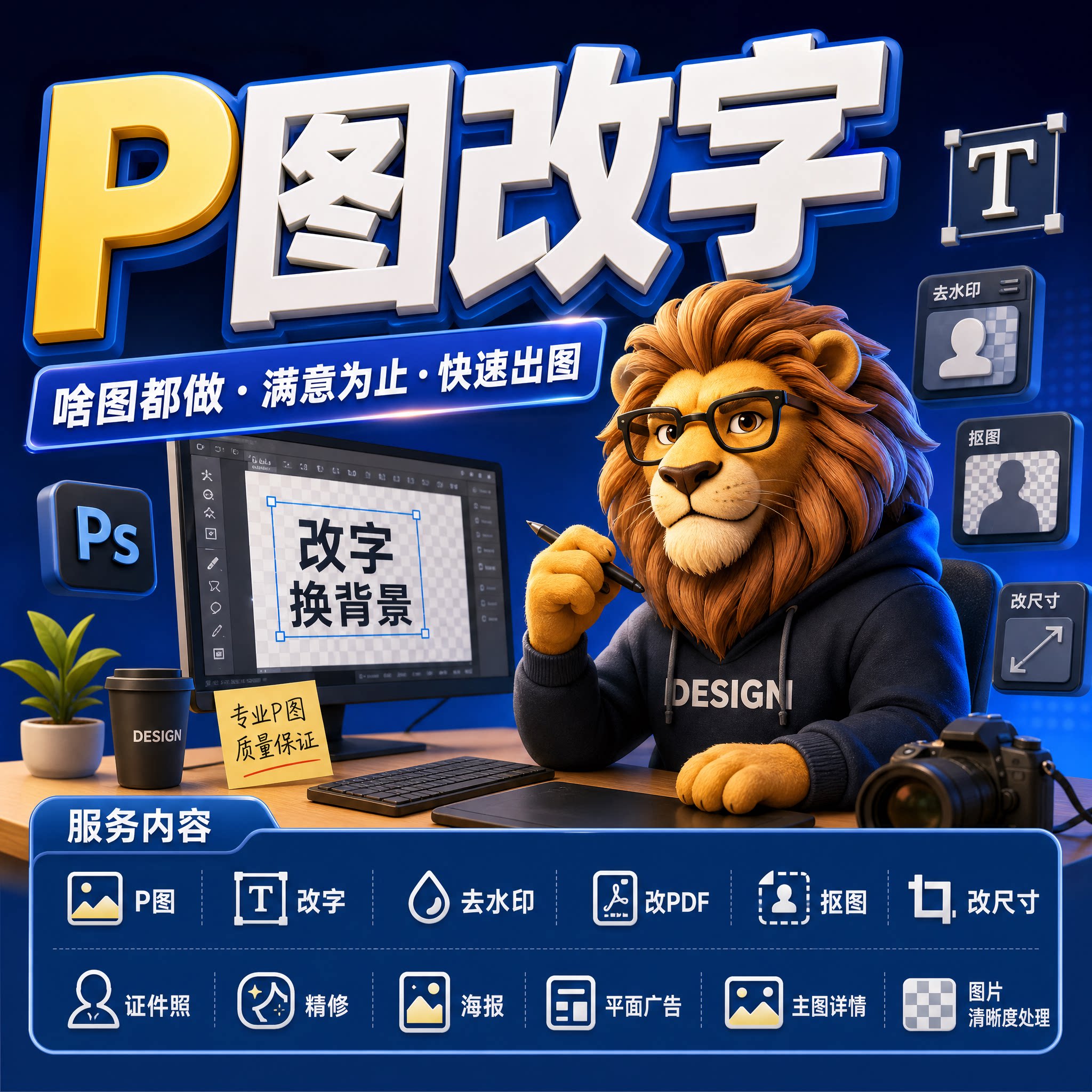 专业P图修图无痕批图改字去水印PDF工程图处理照片修复海报设计
