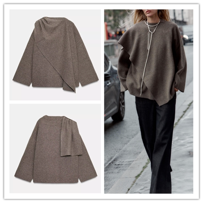 西班牙单现货2025冬季新品时尚斗篷式上衣配围巾针织短款大衣外套