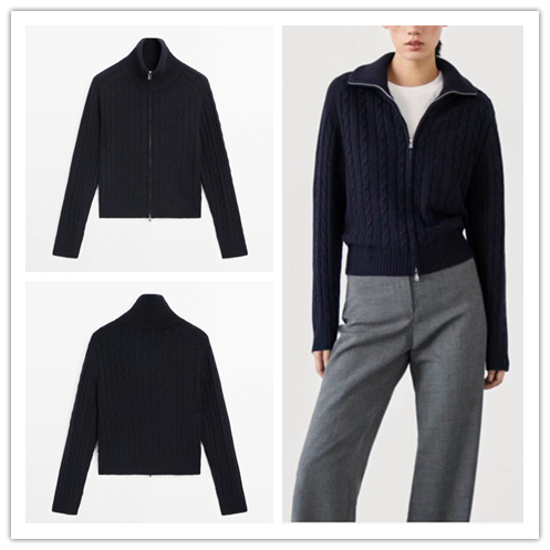 西班牙单2024秋冬新品羊毛时尚修身麻花半高拉链针织开衫外套上衣