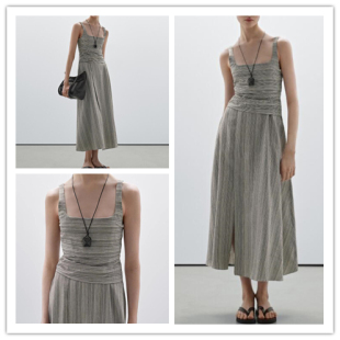 休闲风条纹中长方领背心连衣裙无袖 2025女装 吊带裙 现货 西班牙单