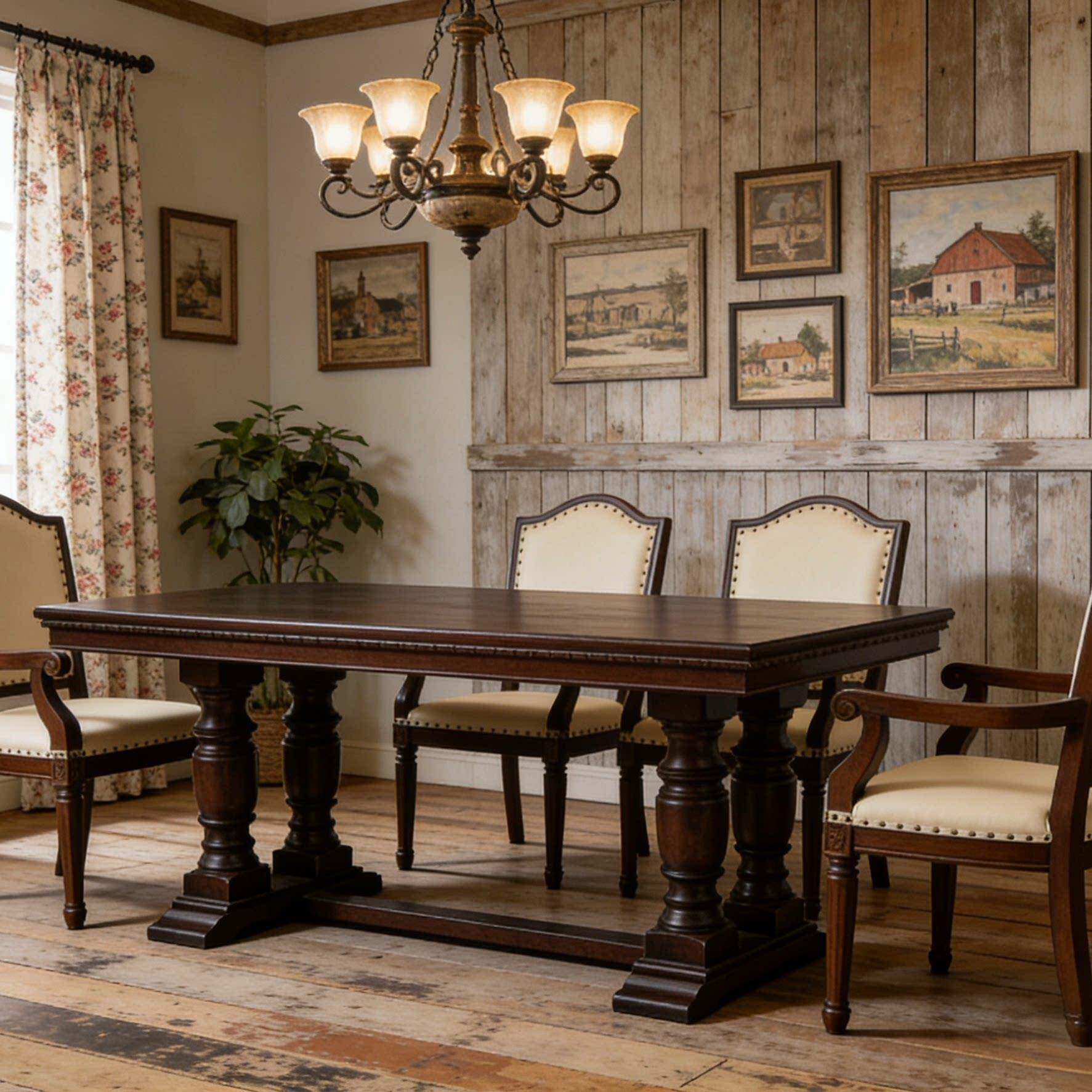 美式轻奢实木餐桌欧式原木桌子复古饭桌做旧长桌法式餐厅桌椅组合