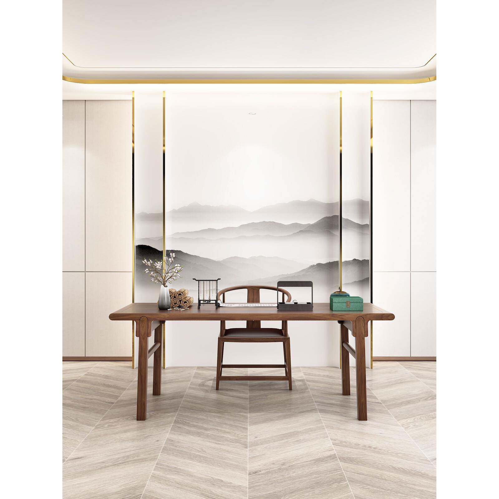 新中式书桌椅子实木 家用北美黑胡桃木画案禅意老榆木彷古书法桌