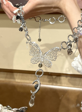 蝴蝶月亮流苏项链女夸张重工哥特小众设计感甜酷纯欲时尚毛衣链钻