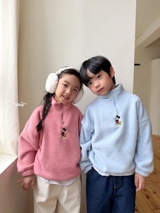 beni韩国童装2025冬新款dsaint儿童两面绒T恤男女童长袖t保暖卡通