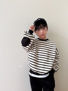 beni韩国童装2025冬新款dsaint儿童圆领条纹T恤男女童长袖t保暖