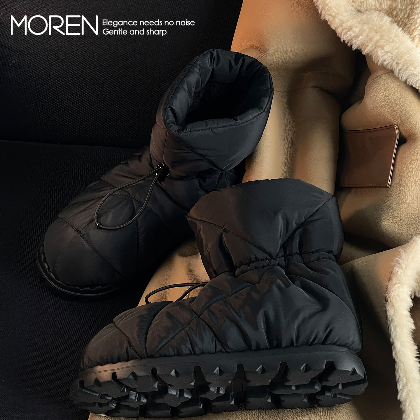 莫人MOREN高定太空棉保暖抽绳厚底雪地靴,女鞋,时尚雪地靴,淘宝优惠券,粉丝福利购,淘宝优惠卷