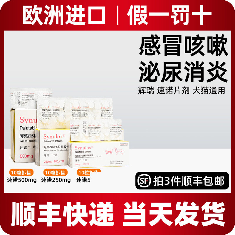 速诺片剂美国辉瑞阿莫西林克拉维酸钾宠物狗狗猫咪感冒速诺片消炎