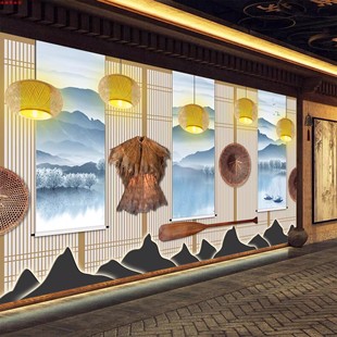农家乐贴画仿土墙墙纸餐厅工装背景墙布砖墙壁画茅草屋铁锅炖壁纸