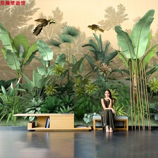 热带雨林植物壁纸东南亚餐厅壁画咖啡厅酒店包厢墙布真森系墙纸