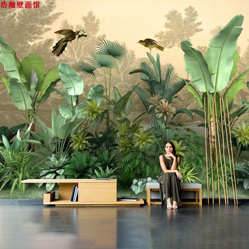 森系植物餐厅酒店包厢壁纸墙纸