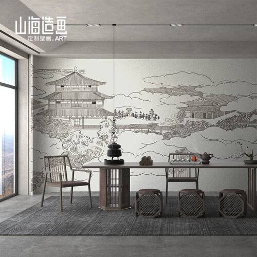 新中式线描楼阁壁画定制