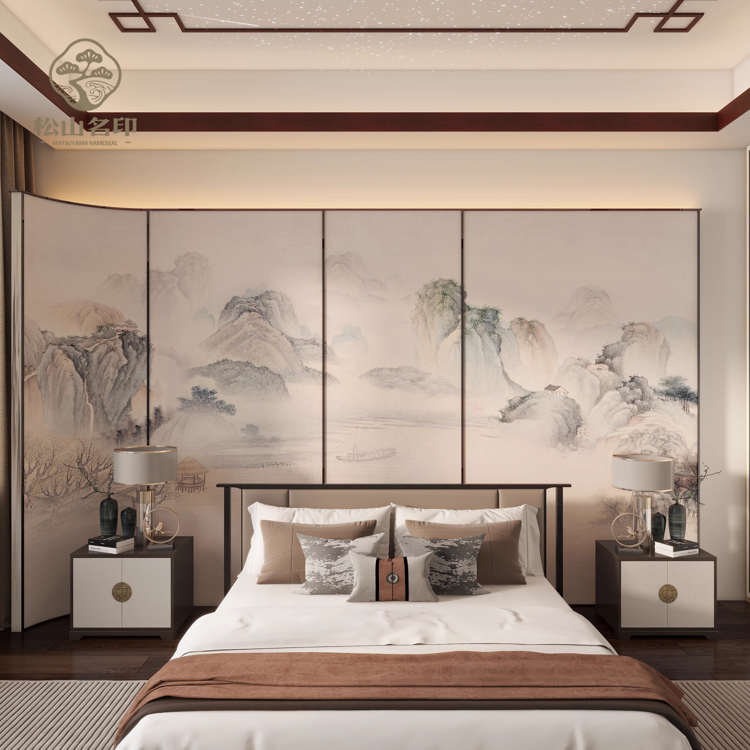 新中式意境粉色水墨山水壁画墙纸