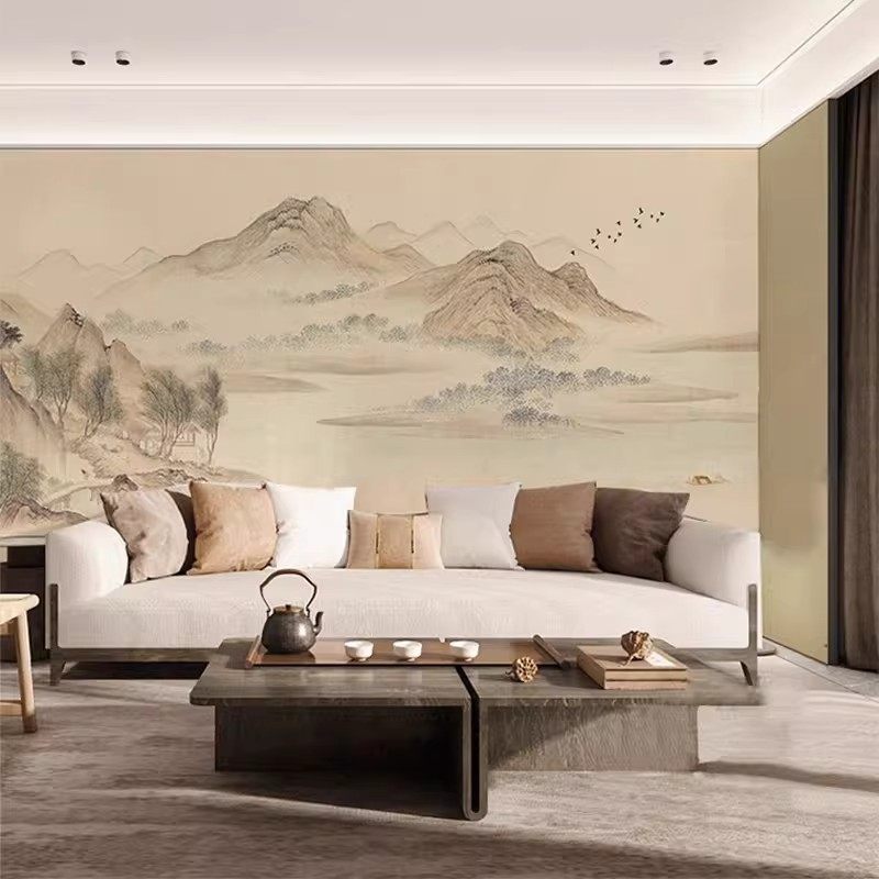宋氏美学壁布复古山水画客厅背景墙纸装饰民宿墙布禅意壁纸壁画,家装主材,定制壁画,淘宝优惠券,粉丝福利购,淘宝优惠卷