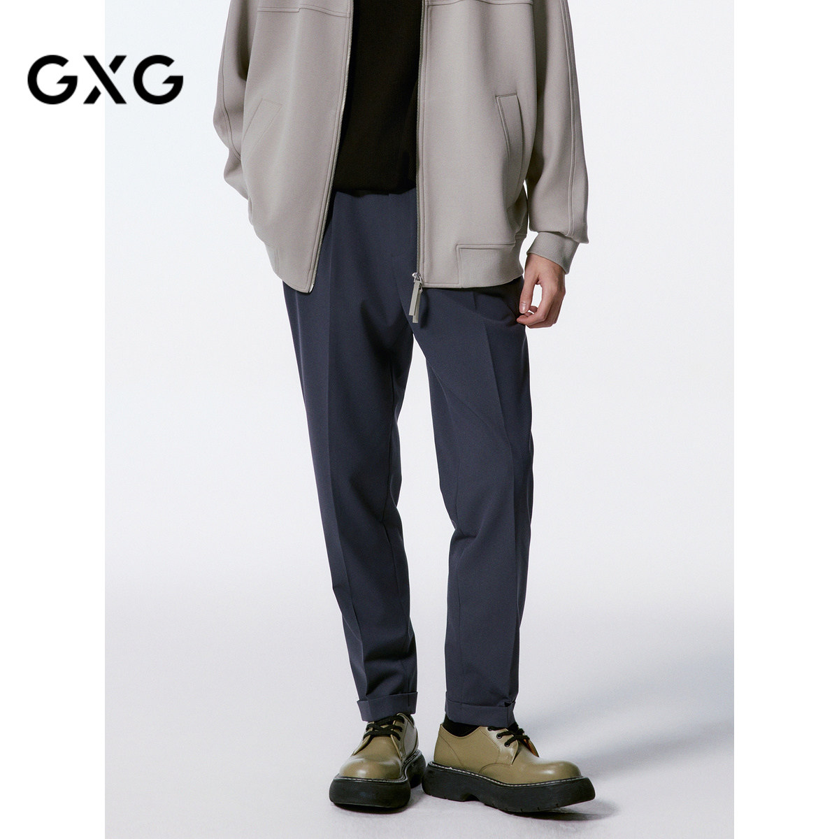 GXG男装 春季灰蓝色垂感宽松直筒套西西裤通勤百搭西装裤