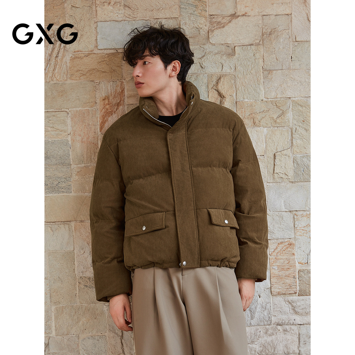 GXG男装 棕咖色灯芯绒肌理立领棉服休闲夹克外套 25年冬季新品