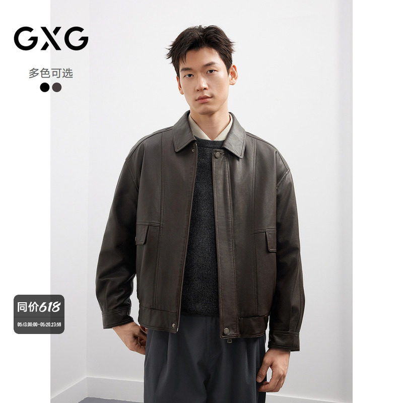 【羊皮革】GXG男装复古夹克宽松真皮皮衣外套25年秋款#G25D123002