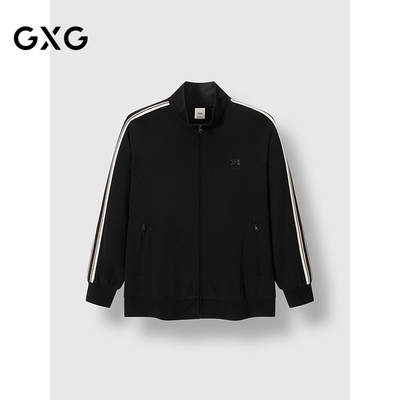 GXG男装 黑色立领开襟卫衣侧边撞色拼接上衣 2025年春季新品