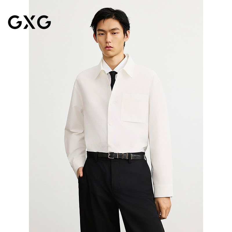 GXG男装 春季白色字母立体压印简约休闲时尚通勤长袖衬衫男