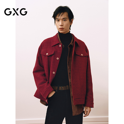 GXG男装 红色新年小香风时尚复古翻领夹克25春新品G25X211026