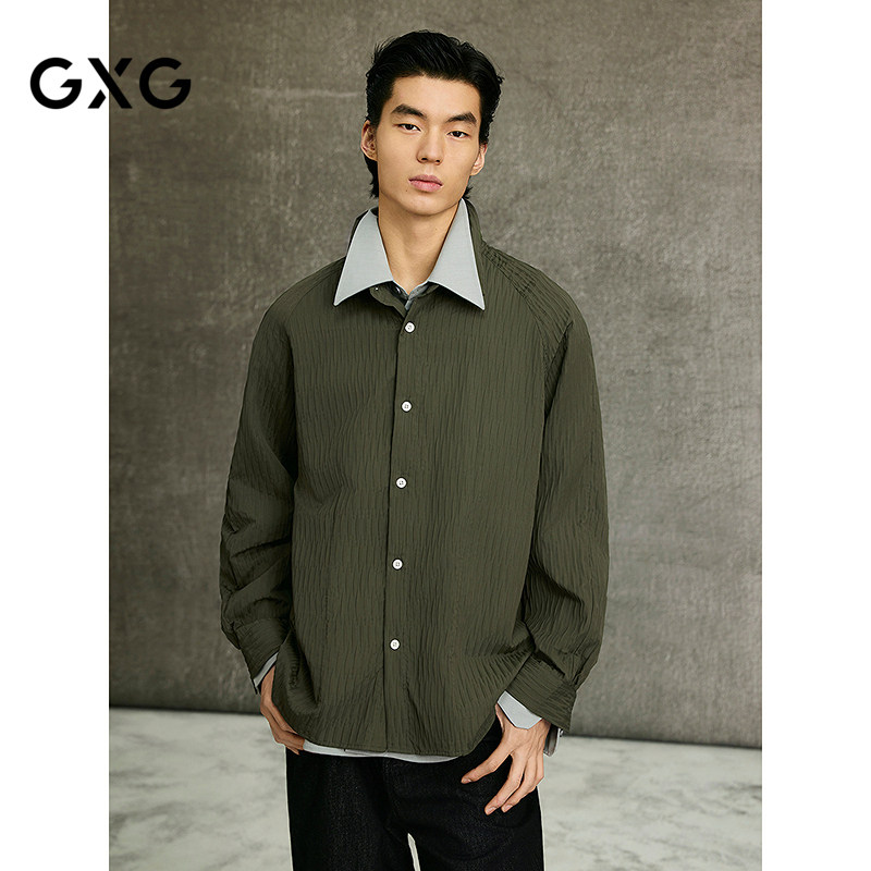 GXG男装 【肌理面料】春季军绿色休闲时尚翻领长袖衬衫外套男