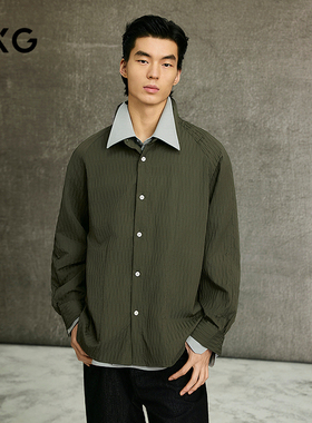 GXG男装 军绿色肌理感休闲时尚翻领长袖衬衫25年春新品G25X031011