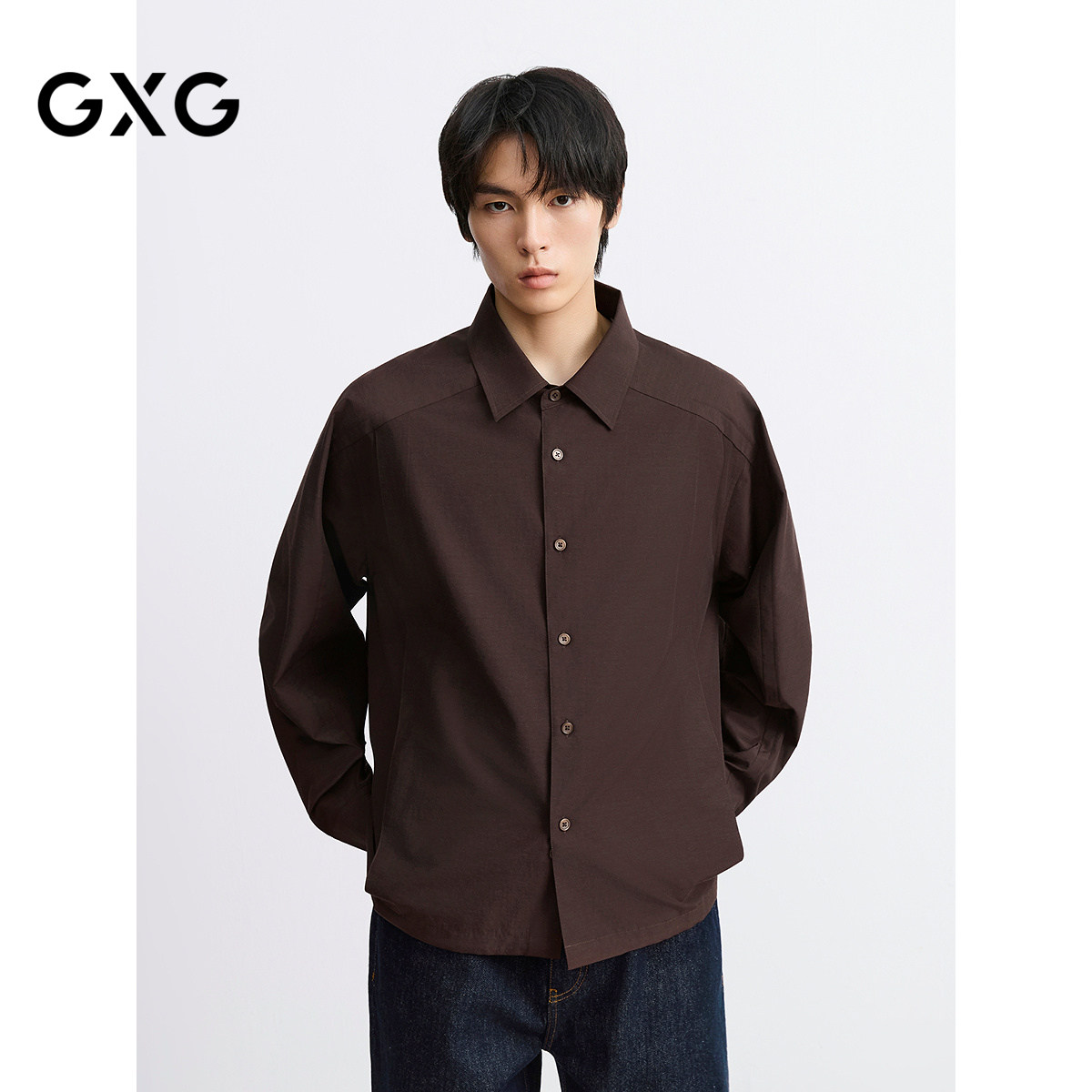 GXG男装 春秋咖色简约休闲长袖衬衫男下摆可收缩外套通勤夹克图片