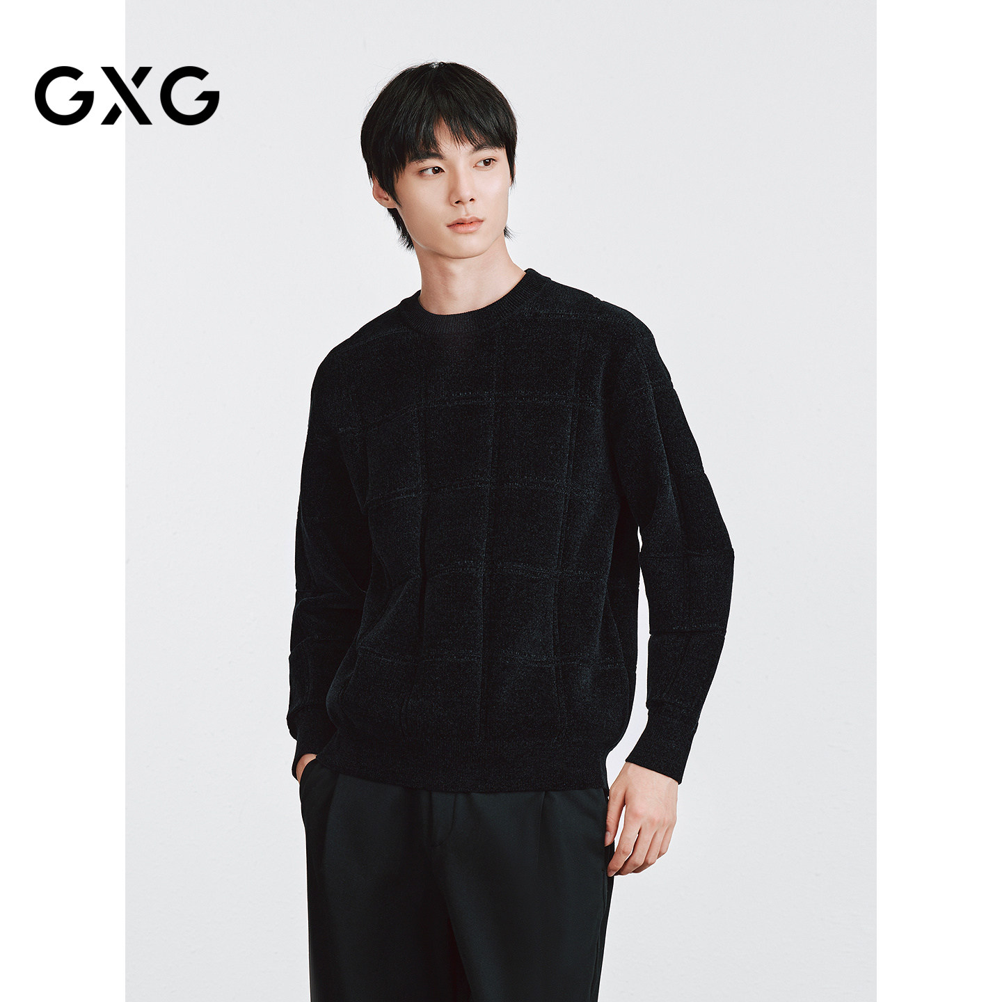 GXG 黑色基础圆领毛衣经典格子花型男士通勤线衫  2025冬季新品