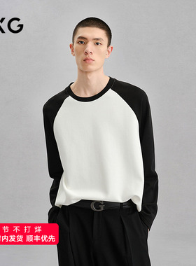 GXG男装 白色肌理感撞色长袖T恤24年冬季品G24X344014