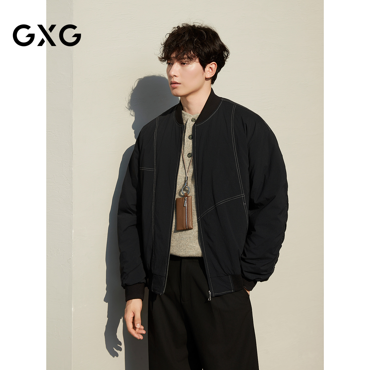GXG男装 经典黑色不规则明线棒球领夹克棉服外套 25年冬季新品