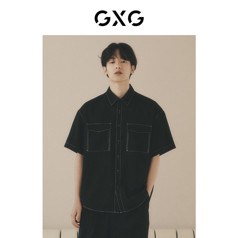 GXG男非正式通勤1.0黑色工装潮流休闲短袖衬衫夏品