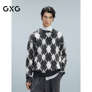 24年冬G24X204030 男通勤毛衣 GXG男装 灰白格绞花针织衫