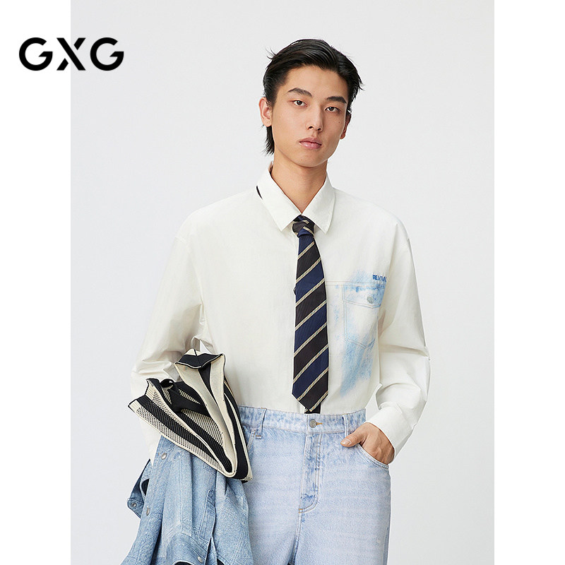 GXG男装 白色仿牛仔口袋设计时尚潮流长袖衬衫 25年春新品