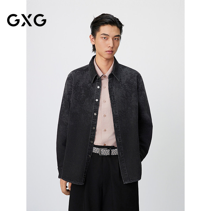GXG男装 黑色镭射扎花时尚潮流外穿式牛仔衬衫外套男 25年春新品