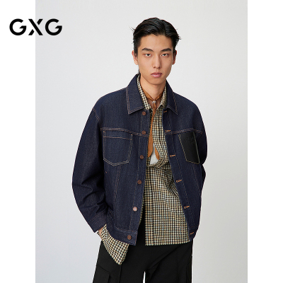 GXG男装 不易褪色经典PU拼接压花经典牛仔翻领夹克 25年春新品