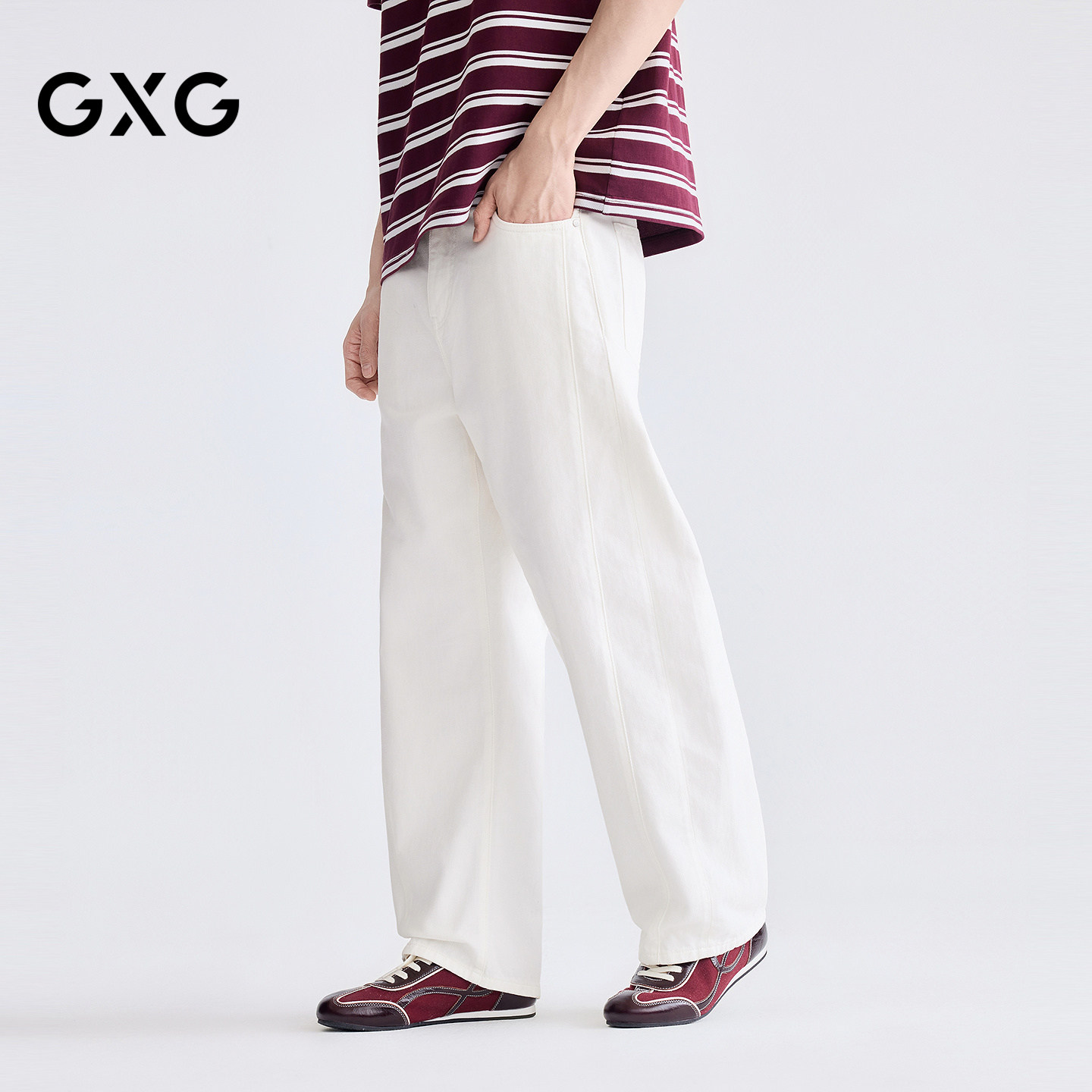 GXG男装 宽松直筒白色丹宁弯刀牛仔裤松弛慵懒裤子 2026夏季新品