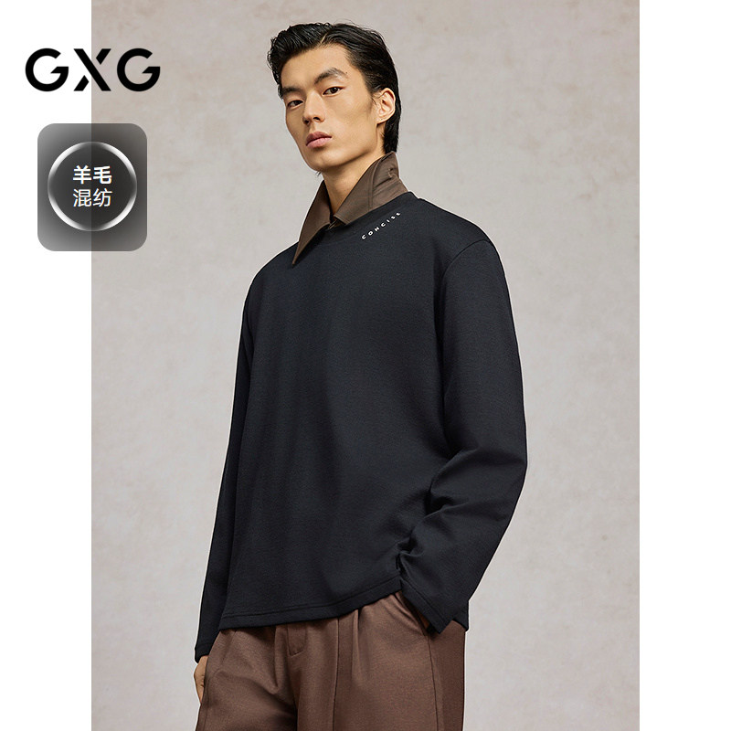 GXG男装 【羊毛混纺】春季领口刺绣质感保暖长袖T恤通勤内搭T恤男图片