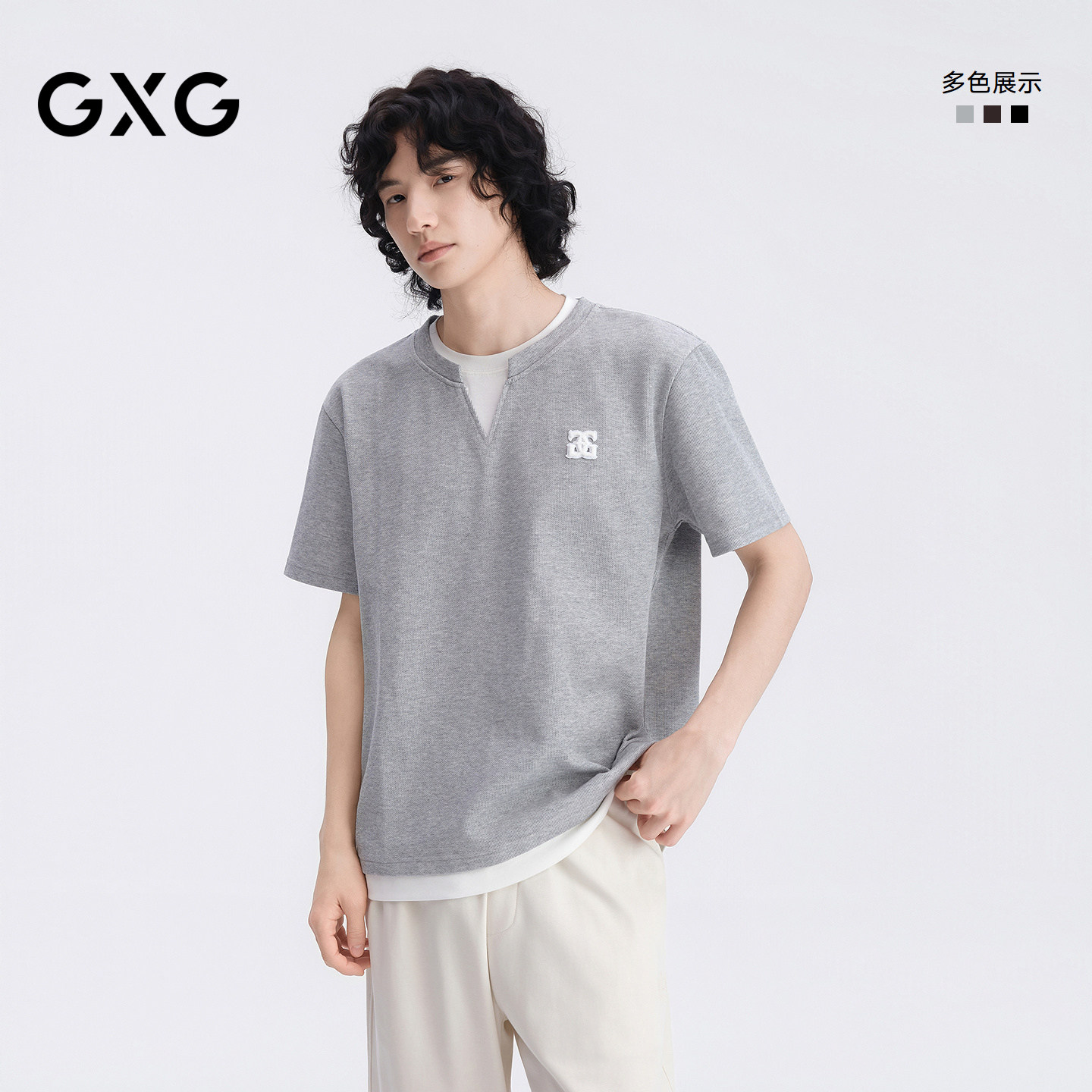 GXG男装 假两件T恤多色肌理上衣短袖针织 2025夏季新品