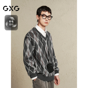 灰咖撞色格纹针织衫 新品 V领线衫 2024冬季 男通勤休闲毛衣 GXG男装