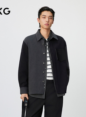 GXG男装 黑灰色拼色口袋设计潮流时尚宽松牛仔衬衫外套 25春品