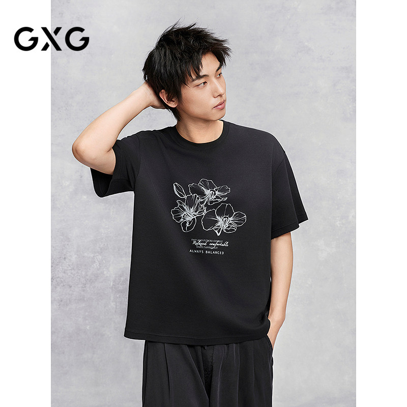 GXG男装 夏季胸前图案印花字母黑色圆领短袖T恤男