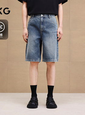 GXG男装 经典蓝色水洗牛仔裤分割设计通勤短裤男裤 2025夏季新品