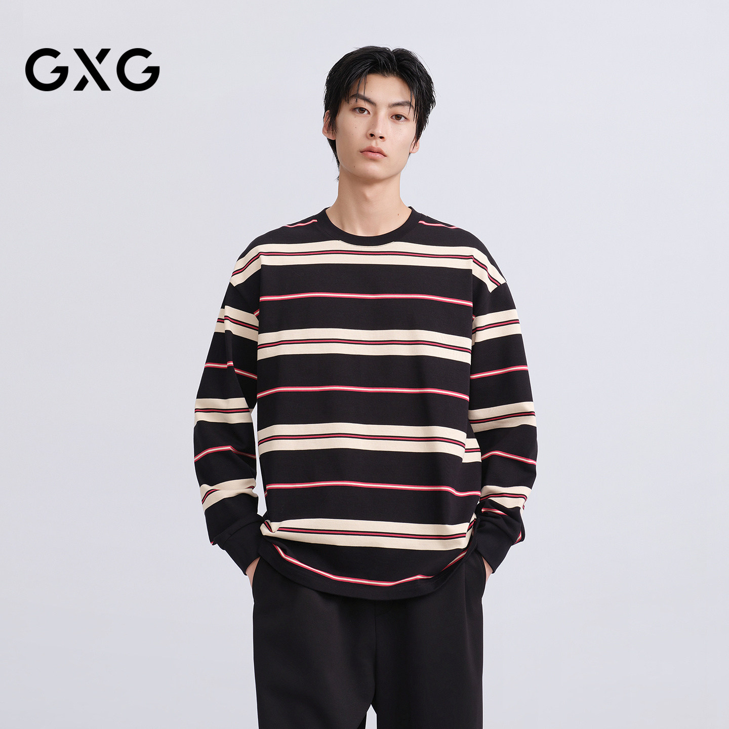 GXG男装 商场同款撞色条纹圆领长袖T恤 2026春季新品G26X341005图片