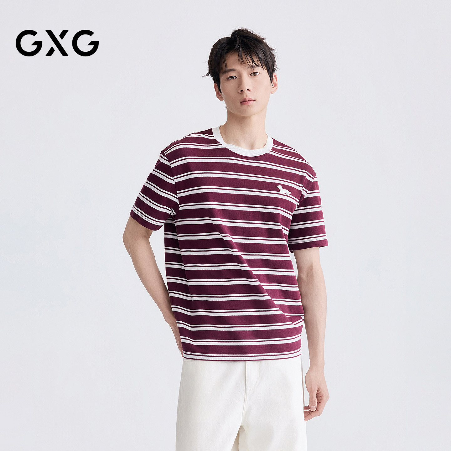 GXG男装 微廓短袖T恤圆领小标条纹短袖T恤短袖针织 2026夏季新品
