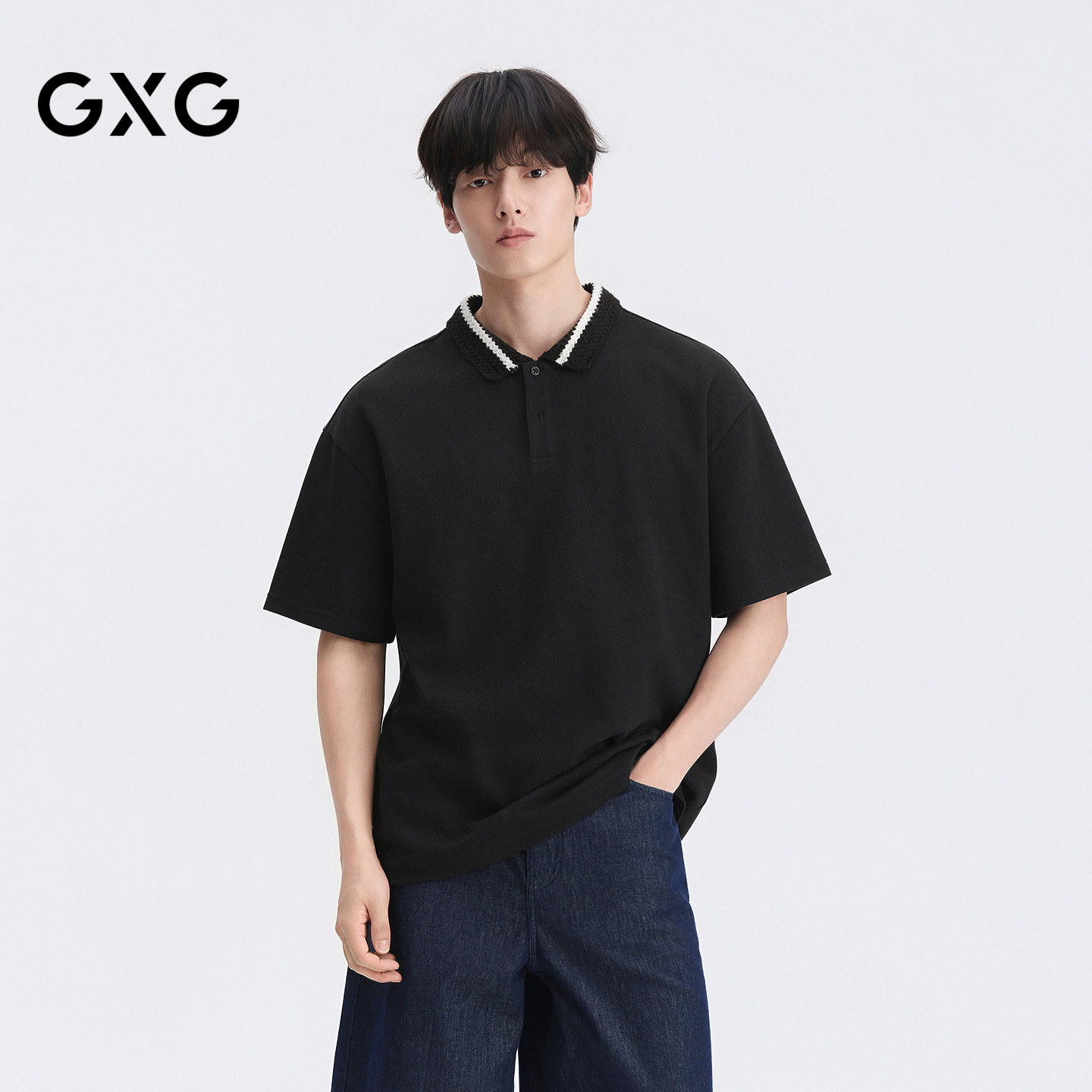 GXG男装 中廓撞色毛领钩花宽松休闲POLO衫短袖t潮2026夏季新品