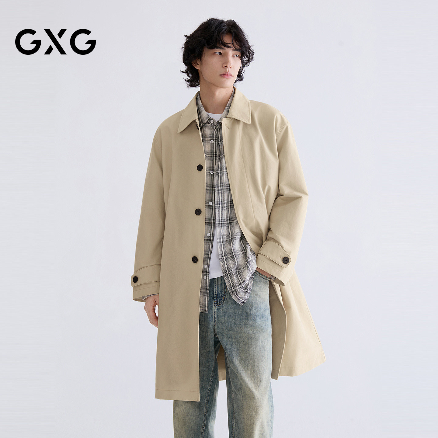 GXG男装 微廓高智感肌理通勤风衣经典长款外套26年春新品