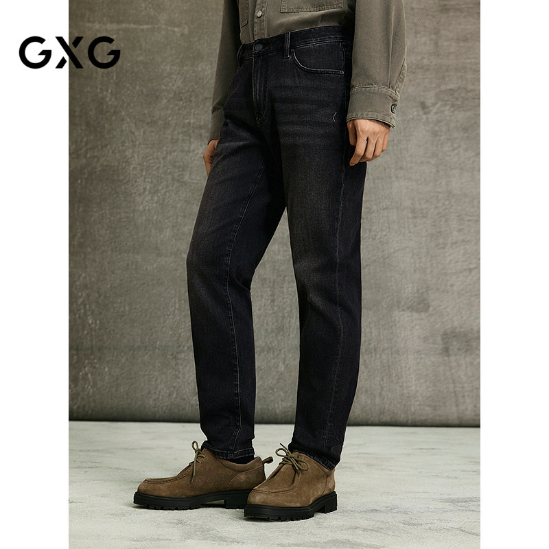 GXG男装 春季黑灰色休闲百搭微弹修身牛仔裤小脚通勤长裤男