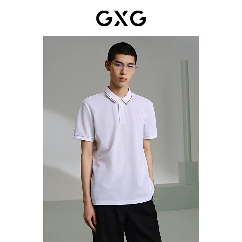GXG男装 夏季撞色线条小标装饰白色轻商务短袖polo衫男士