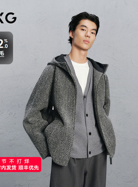 GXG男装 花灰色粗人字纹通勤连帽大衣24冬品G24X064029
